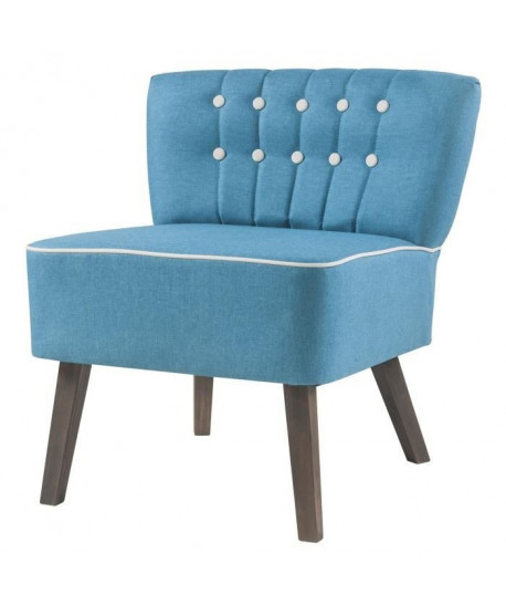 STANFORD Fauteuil en bois  Tissu bleu boutons blanc  Scandinave  L 60 x P 44 cm