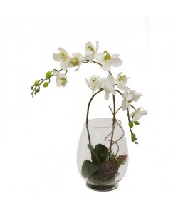 Grand Vase en verre garni de 2 Branches d\'orchidées artificielles incurvées  Blanches  Hauteur 55 cm