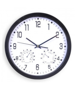 Horloge silencieuse thermometre et hygrometre  Ř 35 cm  Plastique et verre  Noir
