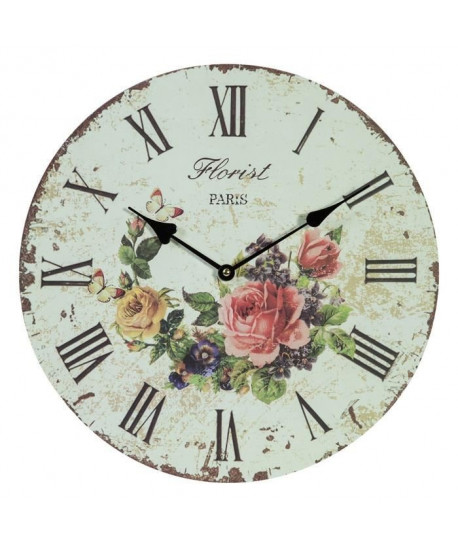 Horloge murale vintage en bois  Ř34 x 3 cm  Motif imprimé floral