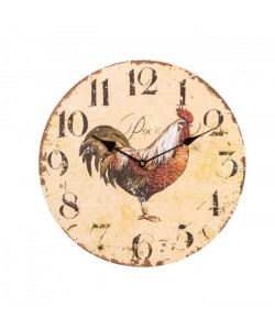 Horloge murale vintage en bois  Ř34 x 2 cm  Motif imprimé coq