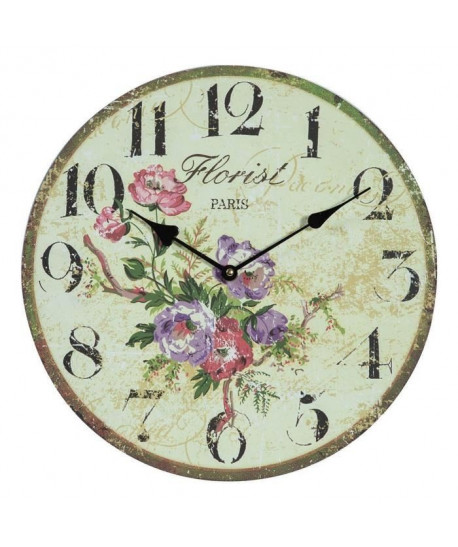 Horloge murale vintage en bois  Ř34 x 3 cm  Motif imprimé floral