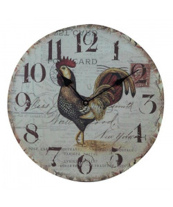 Horloge murale vintage en bois  Ř34 x 3 cm  Motif imprimé coq