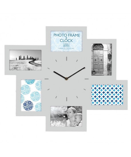 Horloge pelemele 6 photos MDF 10x15 cm gris