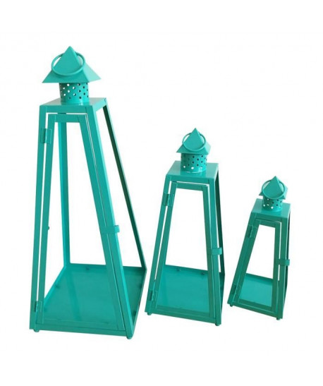 HOMEA Set de 3 lanternes pyramide en métal H304055cm turquoise