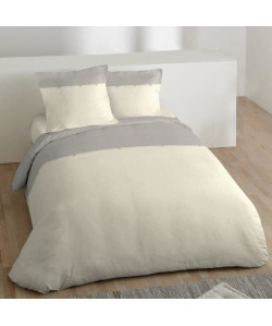 COTE DECO Housse de couette 100% coton lavé 220x240 cm  Blanc ficelle et gris éléphant