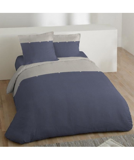 COTE DECO Housse de couette 100% coton lavé 220x240 cm  Bleu navy et gris éléphant