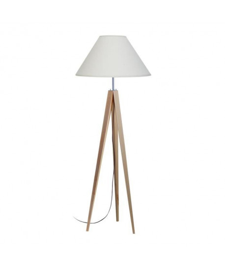 IDUN Lampadaire trépied bois massif naturel style scandinave  Abatjour conique en coton écru. Hauteur 163 cm