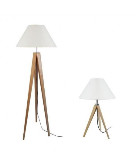 IDUN Lampadaire 163 cm lampe a poser 50 cm trépied bois massif naturel style scandinave  Abatjour conique coton écru