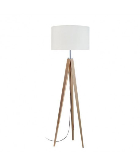 IDUN Lampadaire trépied bois massif naturel style scandinave  Abatjour cylindrique en coton écru