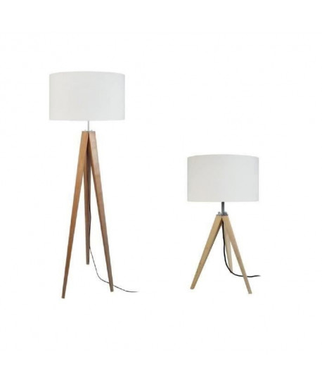 IDUN Lampadaire  lampe a poser trépied bois massif naturel IDUN style scandinave  Abatjour cylindrique coton écru