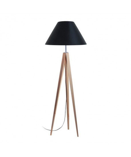 IDUN Lampadaire trépied bois massif naturel style scandinave  Abatjour conique en coton noir. Hauteur 163 cm