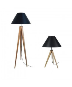 IDUN Lampadaire  lampe a poser trépied bois massif naturel IDUN  Style scandinave  Abatjour conique en coton noir