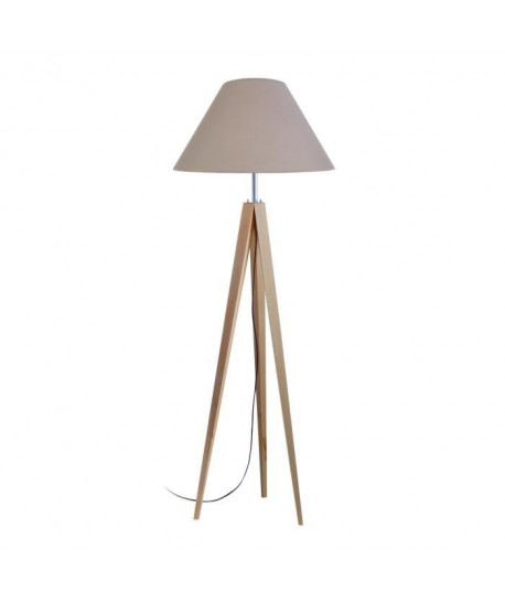 IDUN Lampadaire trépied bois massif naturel  Style scandinave  Abatjour conique en coton taupe. Hauteur 163 cm