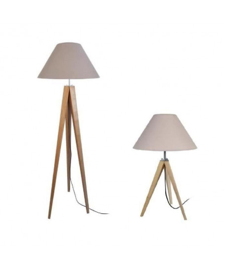 IDUN  Lampadaire  lampe a poser trépied bois massif naturel style scandinave  Abatjour conique en coton taupe