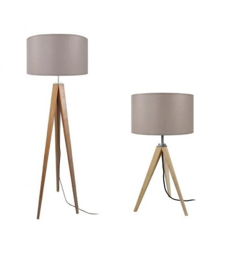 IDUN Lampadaire  lampe a poser trépied bois massif naturel IDUN style scandinave  Abatjour cylindrique en coton taupe