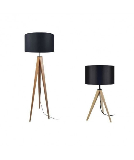 IDUN Lampadaire  lampe a poser trépied bois massif naturel style scandinave  Abatjour cylindrique coton noir