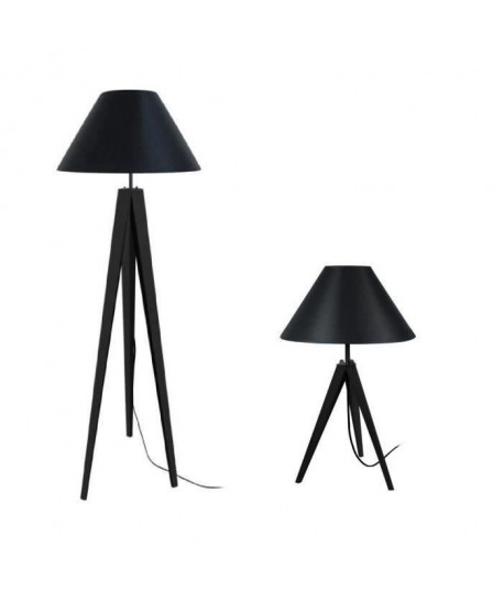 IDUN Lampadaire  lampe a poser trépied bois massif noir IDUN style scandinave  Abatjour conique coton noir