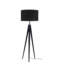 IDUN Lampadaire trépied bois massif noir style scandinave  Abatjour cylindrique en coton noir