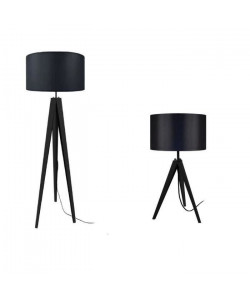 IDUN Lampadaire  lampe a poser trépied bois massif noir IDUN style scandinave  Abatjour cylindrique coton noir