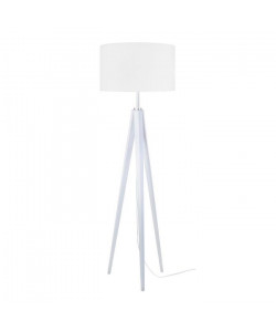 IDUN Lampadaire trépied bois massif cérusé blanc style scandinave  Abatjour cylindrique en coton blanc