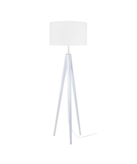 IDUN Lampadaire trépied bois massif cérusé blanc style scandinave  Abatjour cylindrique en coton blanc