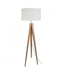 IDUN  Lampadaire trépied bois massif naturel style scandinave  Abatjour cylindrique en coton écru. Hauteur 163 cm