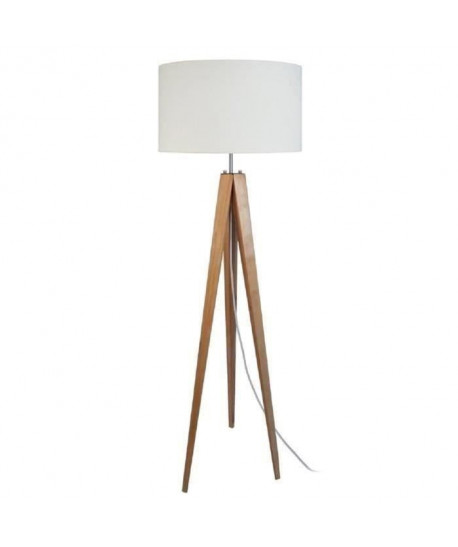 IDUN  Lampadaire trépied bois massif naturel style scandinave  Abatjour cylindrique en coton écru. Hauteur 163 cm