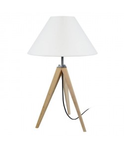 IDUN Lampe a poser trépied en bois naturel avec abatjour conique en coton écru  E27 30x56 cm