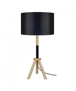 TRIDENT  Lampe trepied en bois, fut bois et métal, hauteur 62 cm,  abatjour. Cotton, bois et noir