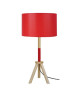 TRIDENT  Lampe trepied en bois, fut bois et métal, hauteur 62 cm,  abatjour. Cotton, bois et rouge