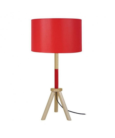 TRIDENT  Lampe trepied en bois, fut bois et métal, hauteur 62 cm,  abatjour. Cotton, bois et rouge