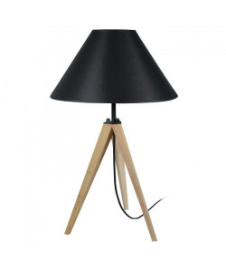 IDUN Lampe a poser trépied en bois naturel avec abatjour conique en coton noir  E27 30x56 cm
