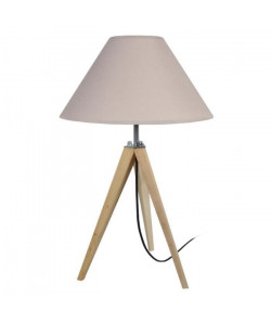 IDUN Lampe a poser trépied en bois naturel avec abatjour conique en coton taupe  E27 30x56 cm