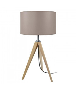 IDUN Lampe a poser trépied en bois naturel avec abatjour cylindrique en coton écru  E27 30x56 cm