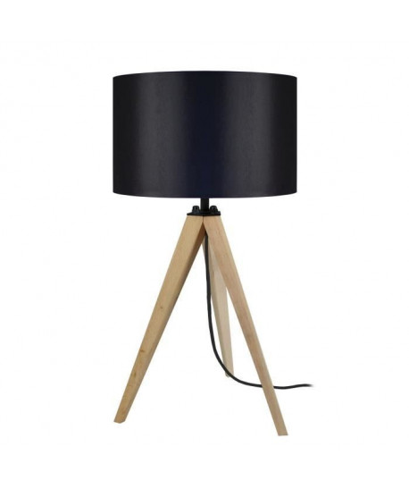IDUN Lampe a poser trépied en bois naturel avec abatjour cylindrique en coton noir E27 30x56 cm