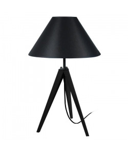 IDUN Lampe a poser trépied en bois noir avec abatjour conique en coton noir  E27 30x56 cm