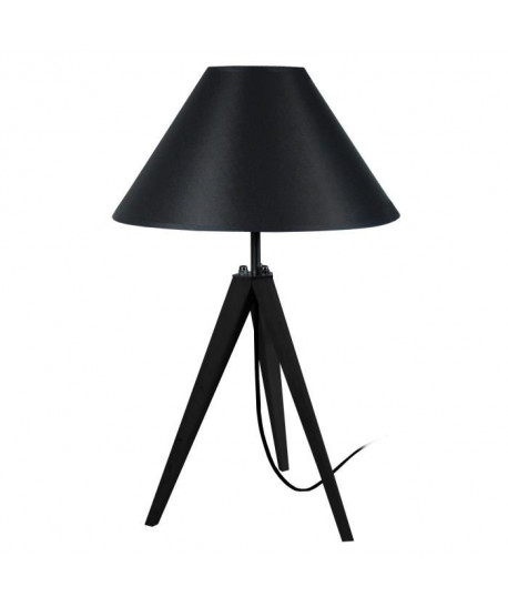 IDUN Lampe a poser trépied en bois noir avec abatjour conique en coton noir  E27 30x56 cm