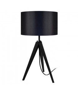 IDUN Lampe a poser trépied en bois naturel avec abatjour cylindrique en coton noir  E27 30x56 cm