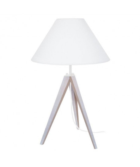 IDUN Lampe a poser trépied en bois naturel avec abatjour conique en coton blanc  E27 30x56 cm