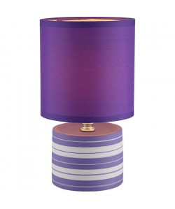 Lampe a poser céramique  Tissu lilas  Interrupteur  Ř 14 x H 26 cm  Violet / blanc