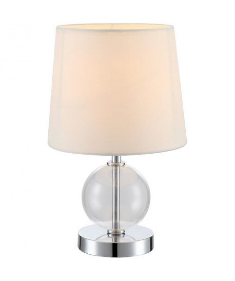 Lampe a poser chrome  Verre transparent  Tissu blanc  Interrupteur  Ř 18 x H 30 cm