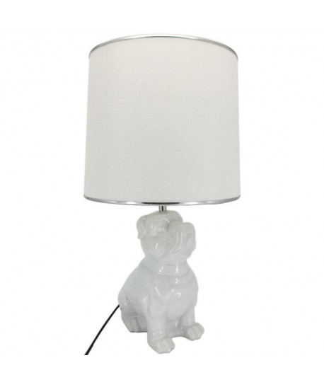 Lampe a poser en céramique forme chien hauteur 57 cm avec abatjour diametre 30 cm E27 15W blanc liseret chrome