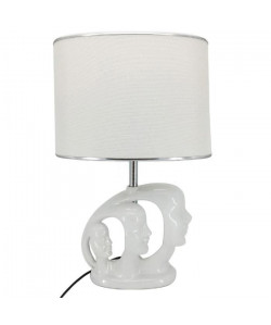 Lampe a poser en céramique forme visage hauteur 50 cm avec abatjour diametre 35 cm E27 15W blanc liseret chrome