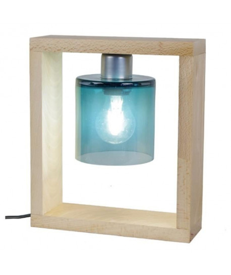 TRIUMPH Lampe a poser Bois Hetre massif verre soufflé  25x8x29cm  Bleu Pétrole