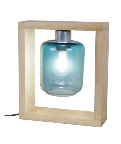 TRIUMPH Lampe a poser Bois Hetre massif verre soufflé  25x8x29cm  Bleu Pétrole