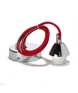 Cordon électrique pour suspension douille E27 60W max, câble tissu tressé rouge, filin métallique et support chromé longueu