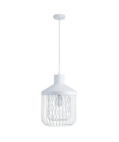 Lustre  suspension cage métal E27 60W diametre 31 cm x hauteur cage 43,7 cm blanc