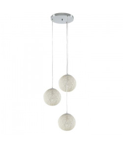 BAYA Lustre  suspension 3 boules rotin Ř20cm blanches. Hauteur plafond 105cm