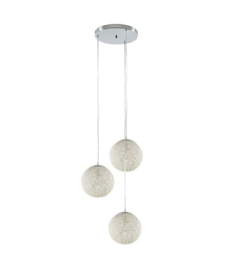 BAYA Lustre  suspension 3 boules rotin Ř20cm blanches. Hauteur plafond 105cm